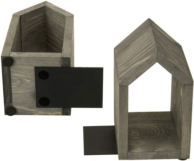 Set of 2 Vintage Gray Wood Open Design House Shaped Book Ends-MyGift