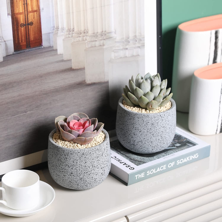 Set of 2, 5-Inch Round Concrete Small Plant Pot with Black Speckled Design, Decorative Cactus Succulent Planters-MyGift