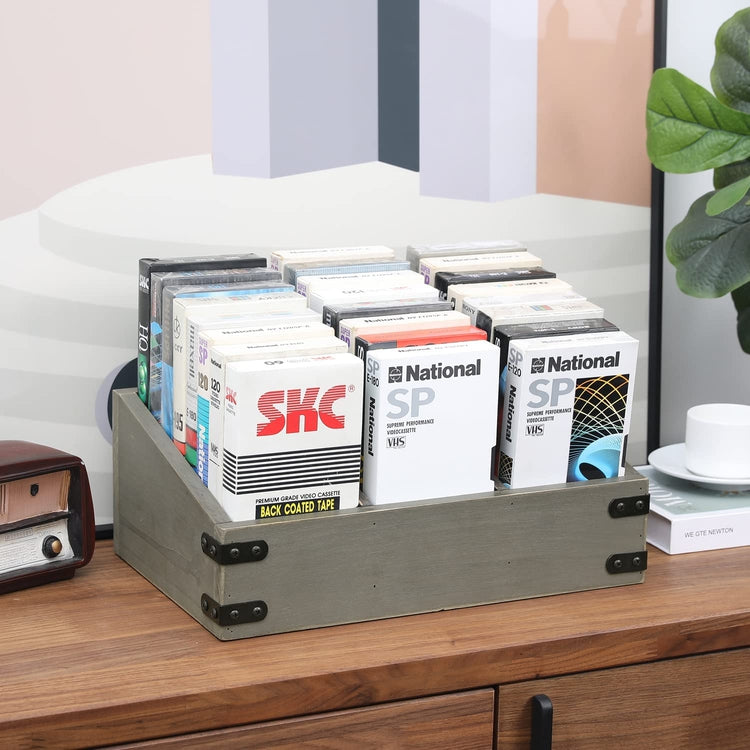3-Compartment Gray Wood VHS Storage Box, Video Tape Retro Display Holder with Decorative Metal Corner Wraps-MyGift