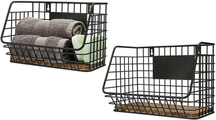 Set of 2, Black Metal Wire and Burnt Brown Wood Wall Mounted Kitchen Storage Organizer Baskets with Chalkboard Labels-MyGift