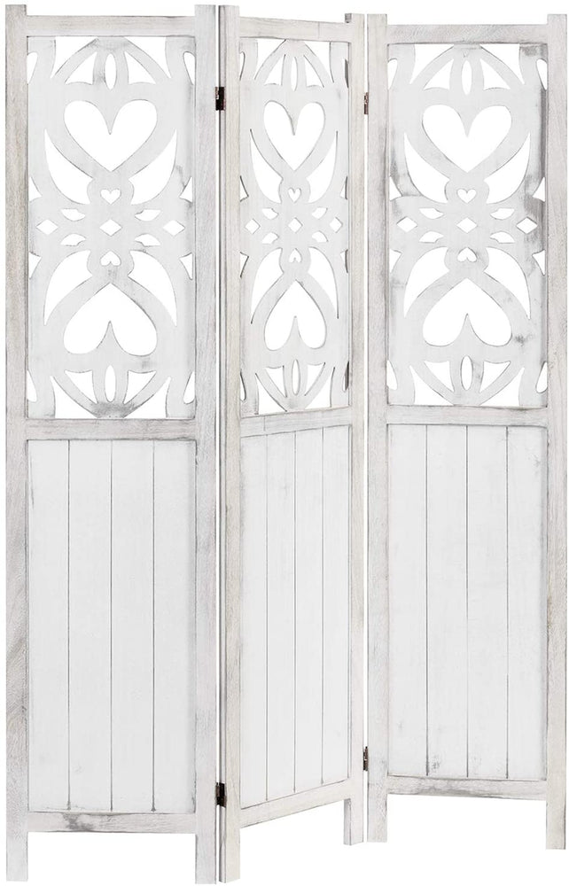 3-Panel Decorative Vintage White Cutout Heart Design Room Divider-MyGift