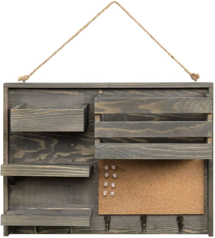 Vintage Gray Solid Wood Wall Hanging Organizer Rack-MyGift