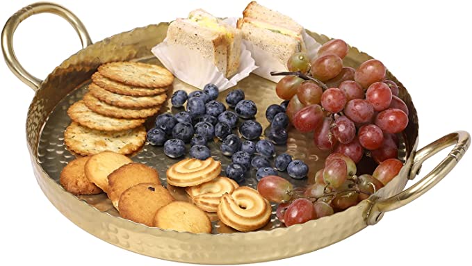 Brass Metal Round Serving Tray with Handcrafted Hammered Design, Large Centerpiece Display Tray-MyGift