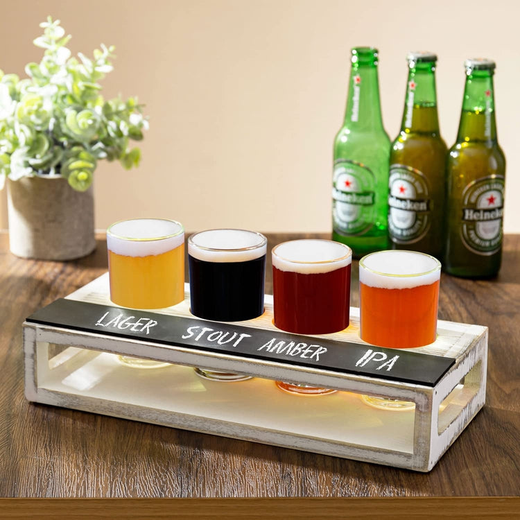 Whitewashed Solid Wood Beer Flight Holder Sampler Tasting Tray Serving Set with 4 Glasses and Erasable Chalkboard Label-MyGift