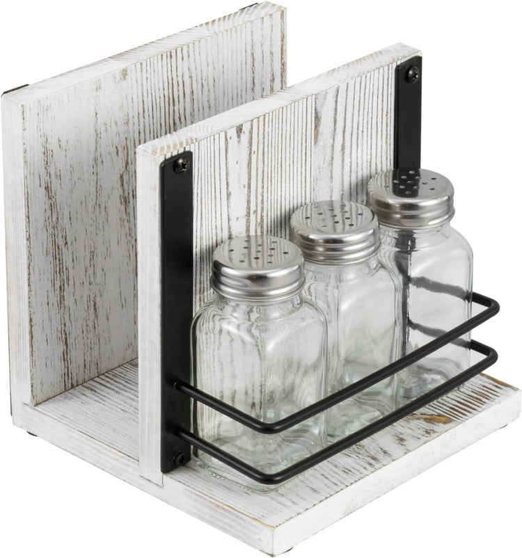 Whitewashed Wood Napkin Dispenser Stand with Matte Black Wire Condiment Caddy, 3 Shakers for Salt, Pepper, or Spices-MyGift