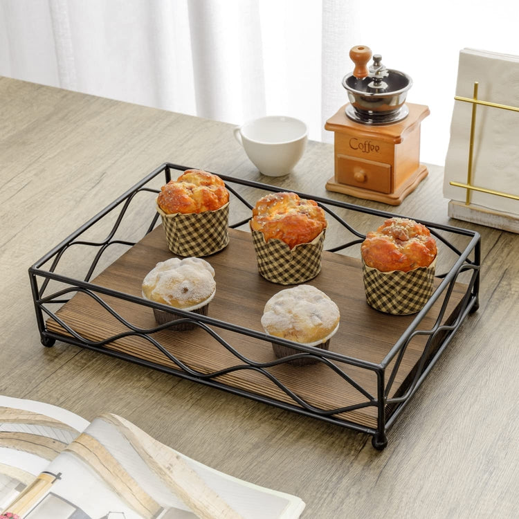 Burnt Wood ad Matte Black Metal Wire Display Tray, Decorative Serving Tray-MyGift