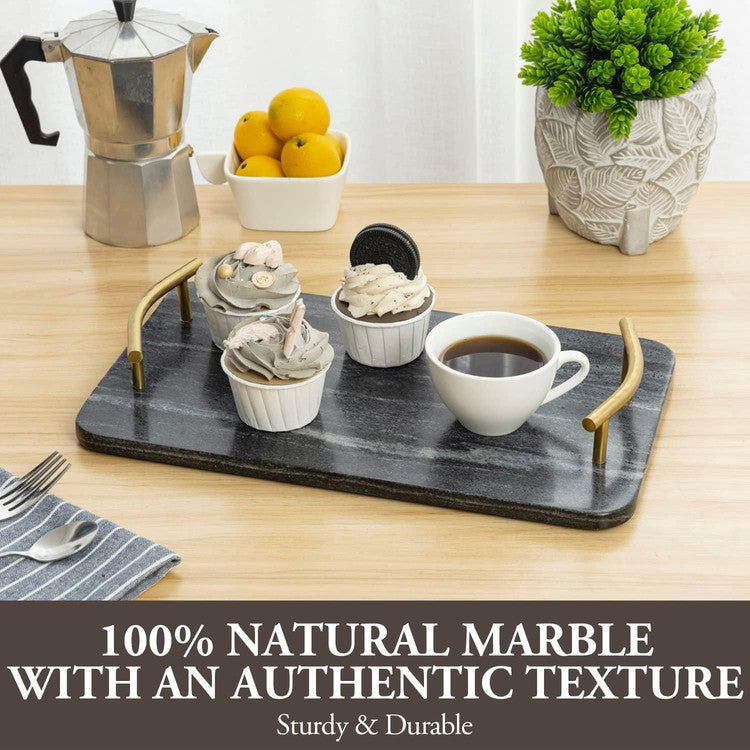 14 Inch Dark Gray Marble Rectangular Serving Tray with Curved Brass Tone Metal Handles, Dining Table Platter-MyGift