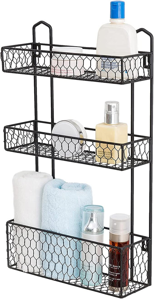 3 Tier Rustic Wall Mounted Black Metal Chicken Wire Bathroom Shelf Organizer-MyGift