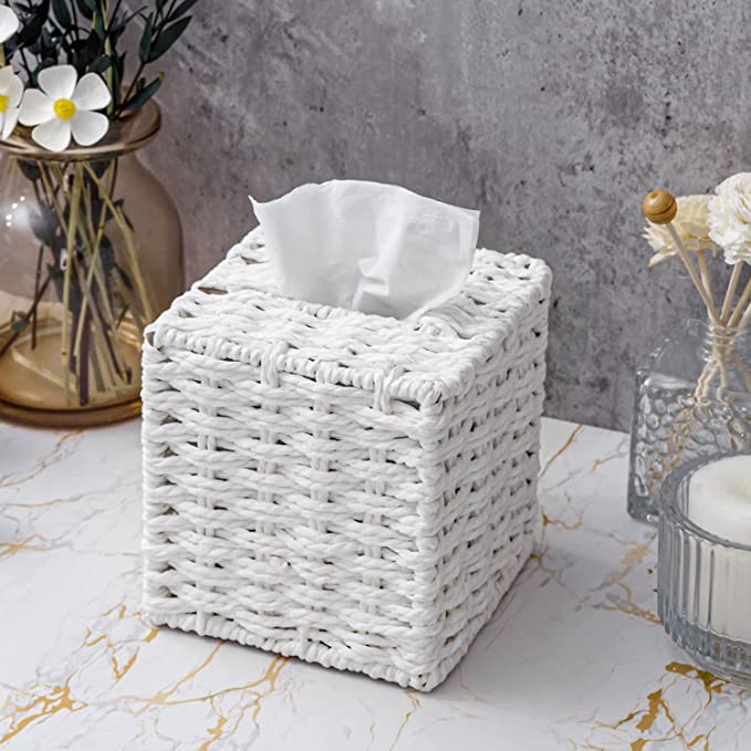 Tissues Holder with Open Bottom Design, Decorative White Square Tissue Box Cover-MyGift