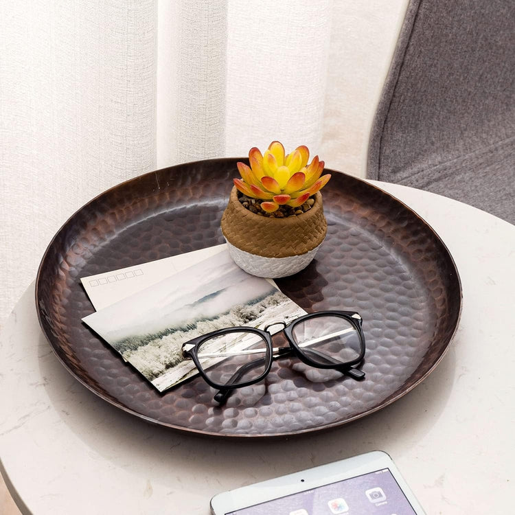 Copper Tone Hammered Metal Round Vanity Tray, Decorative Serving Platter, Tabletop Centerpiece Base with Antique Finish-MyGift