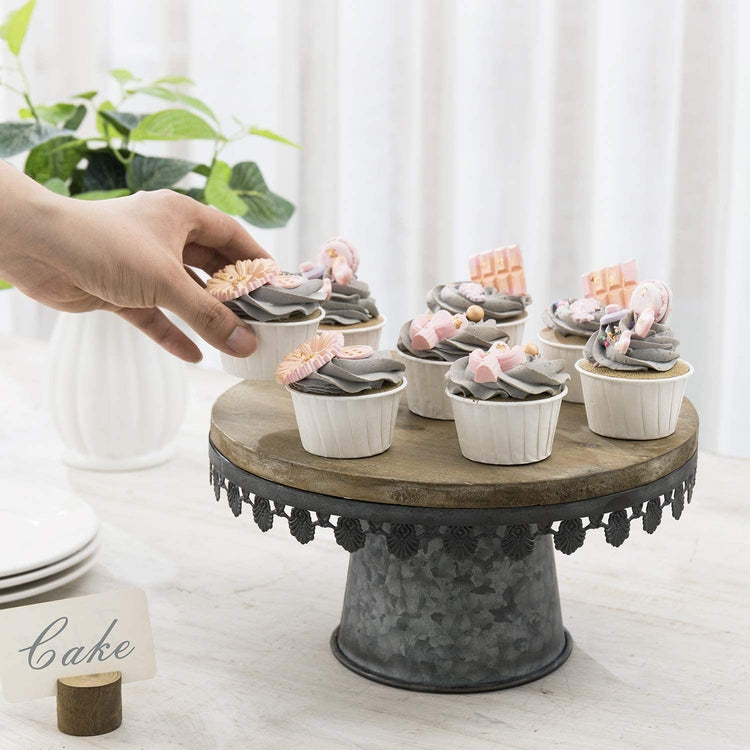Galvanized Silver Metal Scalloped Rim and Wood Top Cake Stand, Dessert Display Riser-MyGift
