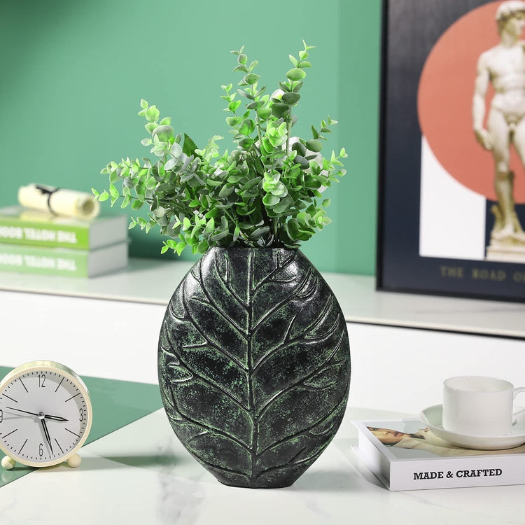 Decorative Flower Vase, Handcrafted Green Aluminum 10 Inch Tall Vase with Intricate Embossed Leaf Design-MyGift