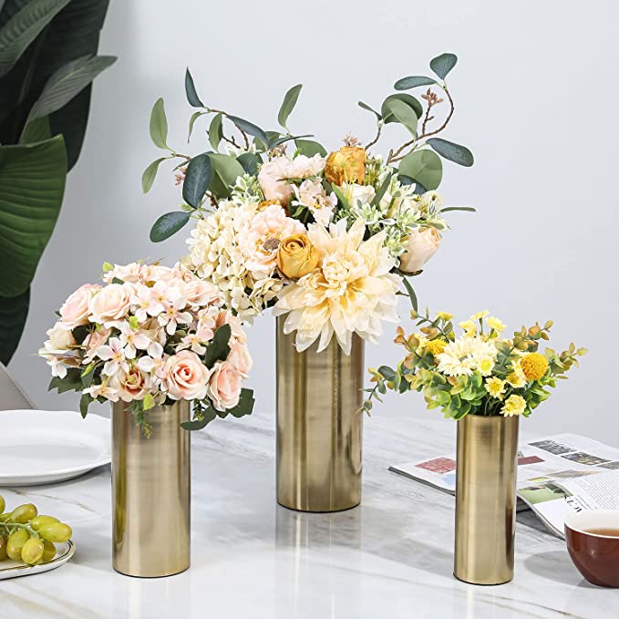 Modern Metal Flower Vase Set of 2, Tall Brass Tone Cylinder Centerpiece Flower Vases-MyGift