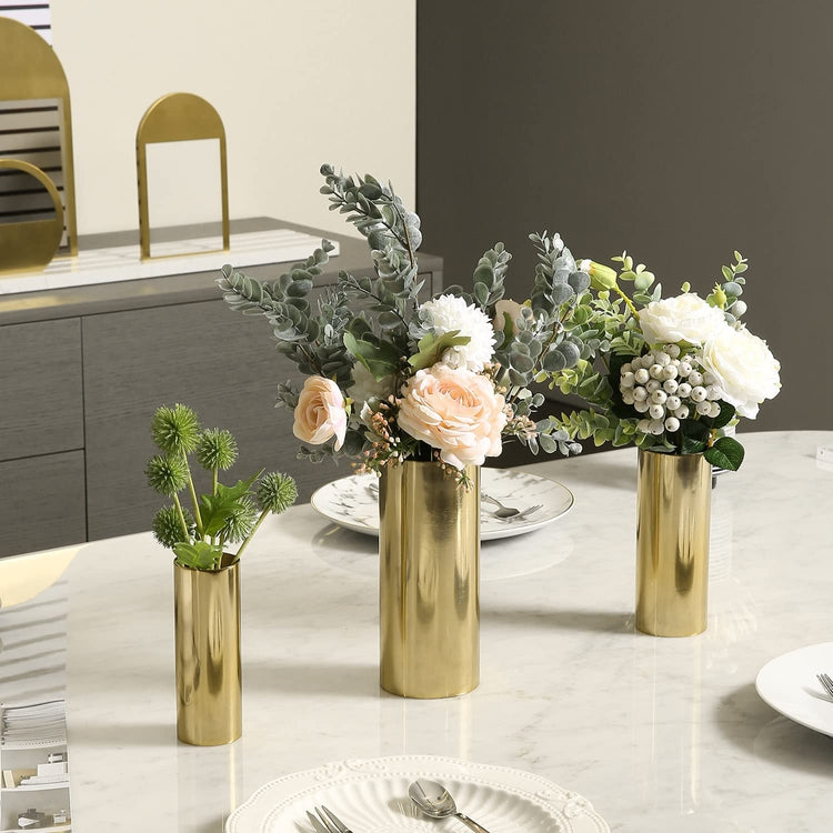 Set of 3, Tall Brass Tone Metal Cylinder Flower Vases-MyGift