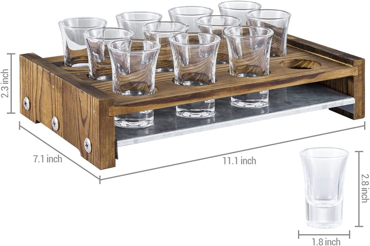 Shot Glass Serving Set, Burnt Wood Tray with Galvanized Metal Base-MyGift