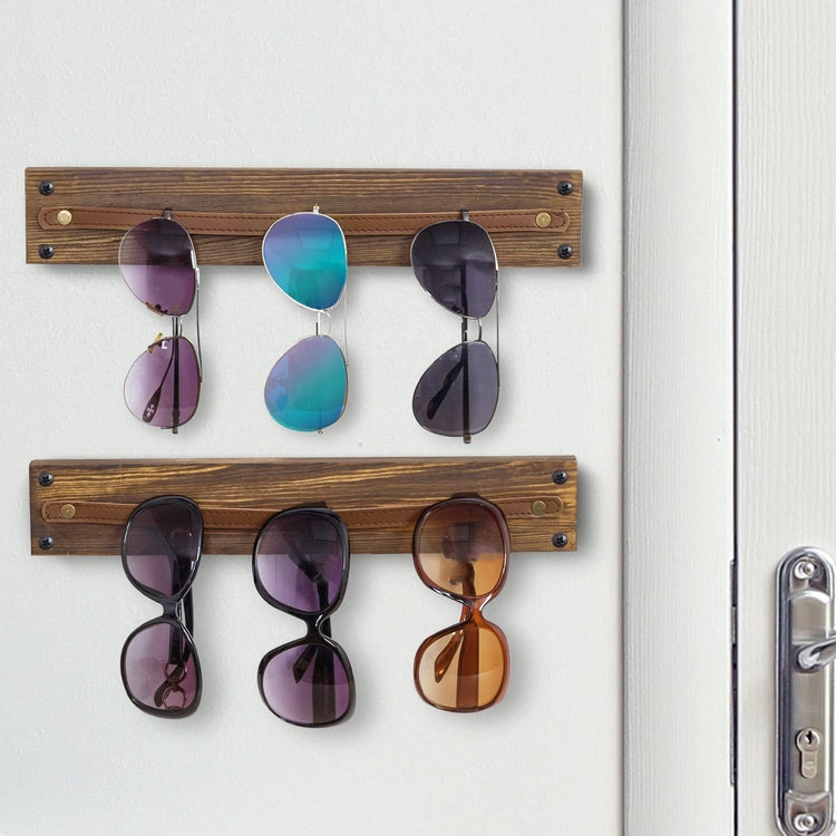 Set of 2, Wood and Leatherette Wall Mounted Sunglasses Holder, Eyewear Display Rack-MyGift