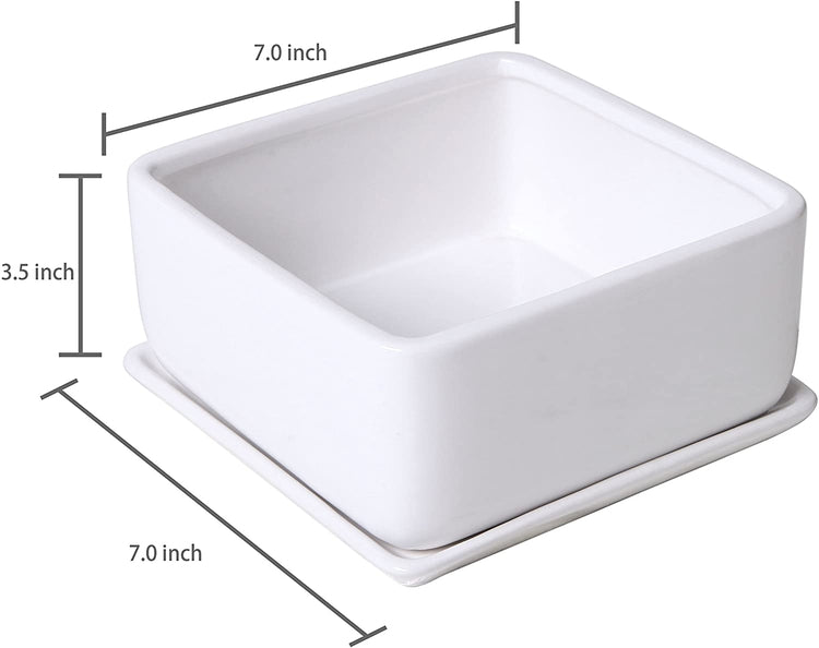 Modern 7 inch Square White Ceramic Succulent Planter Pot with Drainage Tray, Window Box & Saucer-MyGift