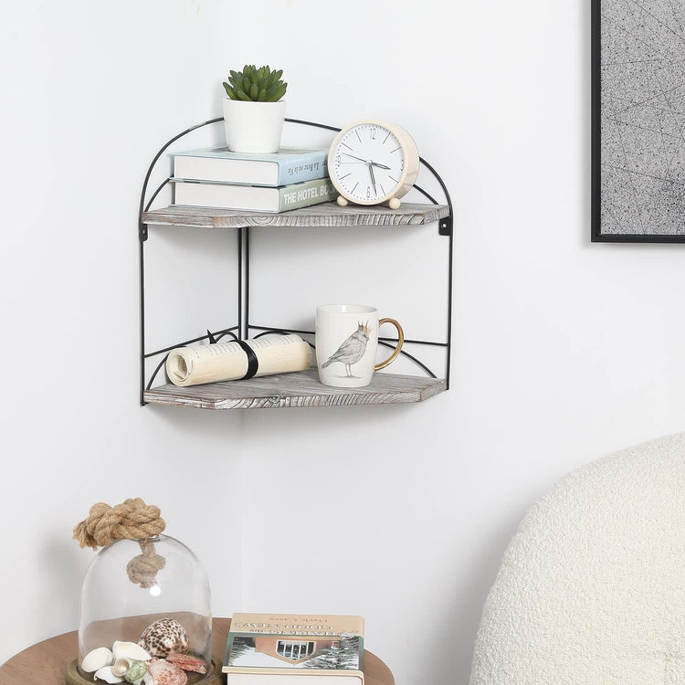 Wall Mounted Floating 2 Tier Corner Shelf with Torched Wood Ledges and Black Scrollwork Metal Wire Frame-MyGift