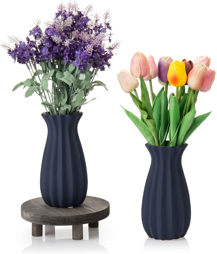 Set of 2, Matte Navy Blue Tulip Design Ribbed Ceramic Flower Vases-MyGift
