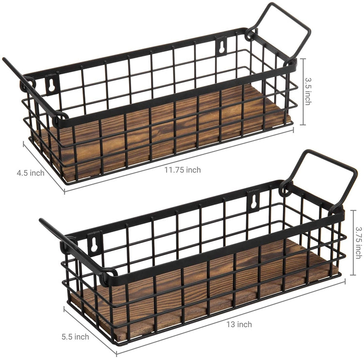 Wall Mounted or Tabletop Black Metal Wire and Burnt Wood Small Decorative Storage Baskets, Set of 2