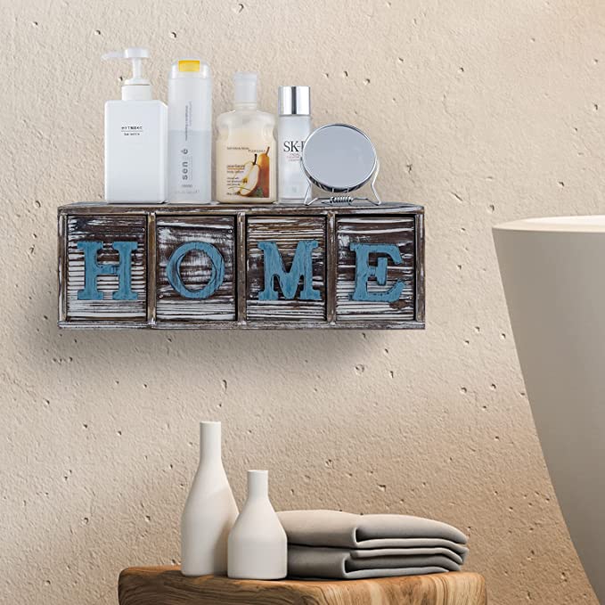 Rustic Wood Home Sign Display Shelf with Block Letter Drawers, Floating Shelf with Storage Drawers-MyGift