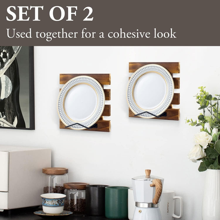 Wall Mounted Brown Wood and Black Metal Wire Plate Display Rack, Plate Holder, Set of 2-MyGift
