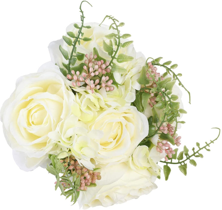 Artificial White Rose Fake Flowers Bouquet with Farmhouse Vintage White Metal Milk Jug Vase-MyGift