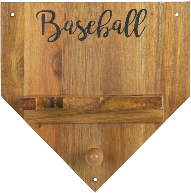 Wall Mounted Acacia Wood Home Base Shaped Baseball Display Rack with Bat Slot, Ball Holder, Hanging Peg for Cap or Glove-MyGift