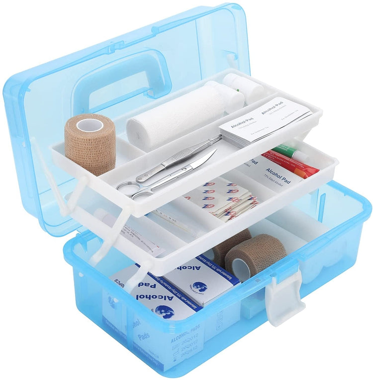 Blue Plastic First Aid Kit Case, Arts & Crafts Storage Box with Folding 2-Tiered Tray-MyGift