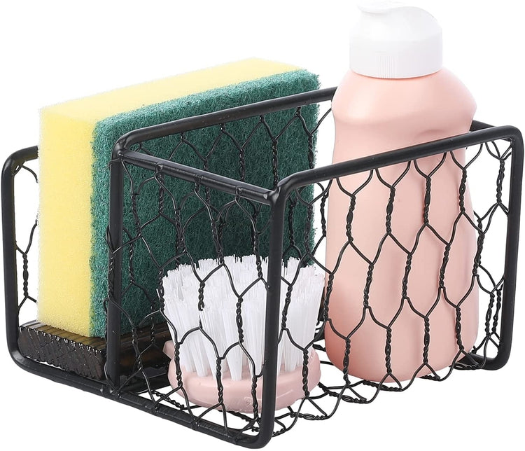 Modern Black Chicken Wire Bottled Dish Soap and Sponge Holder for the Kitchen Sink-MyGift