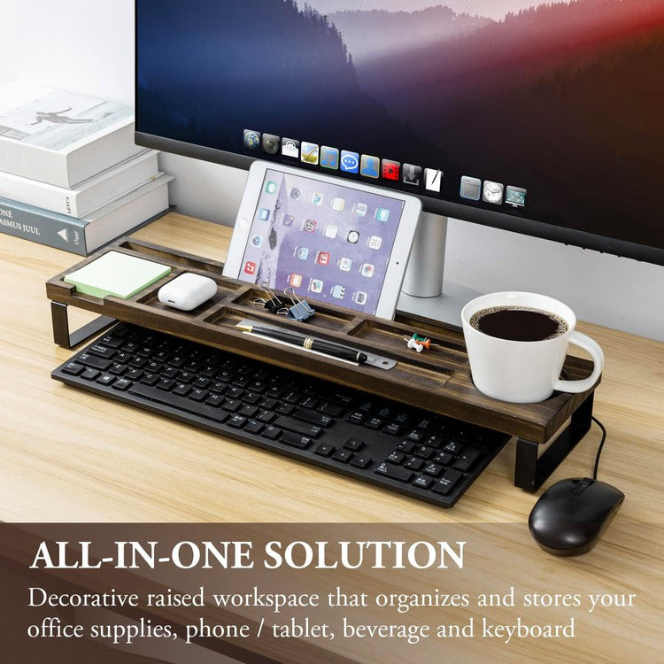 Desktop Storage Organizer, Burnt Wood Over Keyboard Office Desk Flow Tray with Black Metal Legs and Mug Holder-MyGift
