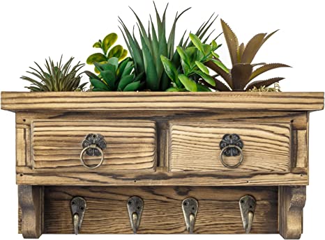Wall Mounted Rustic Burnt Wood Entryway Organizer, Key Hook Rack with Artificial Succulent Arrangement and Vintage Drawer Accent-MyGift