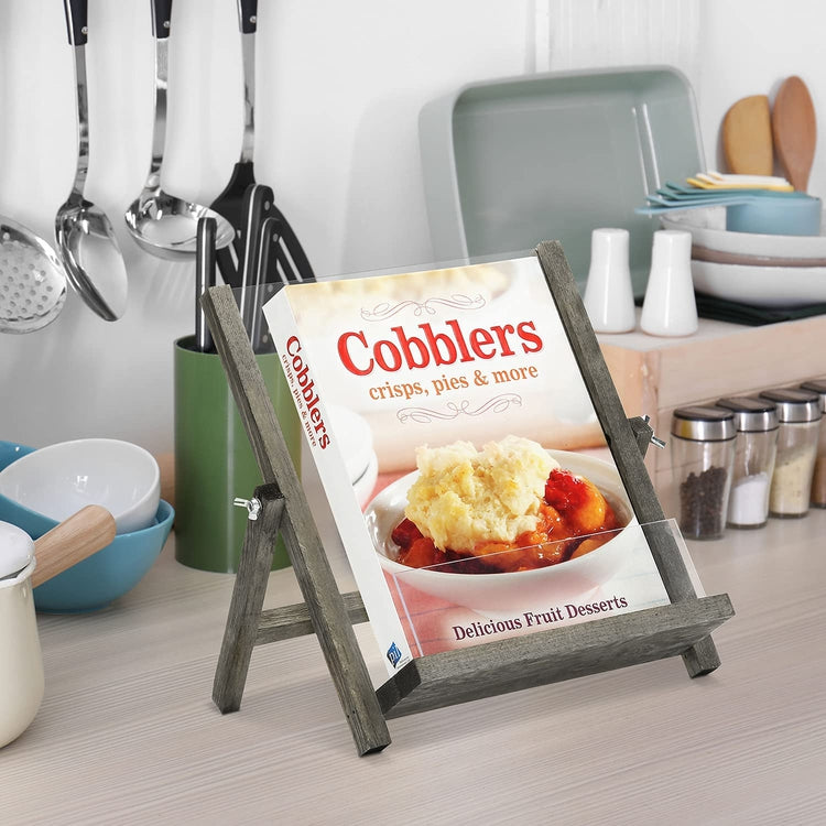 Gray Wood and Clear Acrylic Collapsible Cookbook Holder, Recipe Stand for Cookbooks, Tablets and Magazines-MyGift