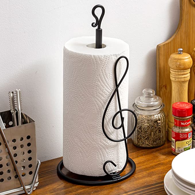 Kitchen Paper Towel Holder with Matte Black Metal Finish and Treble Clef Music Symbol Design-MyGift