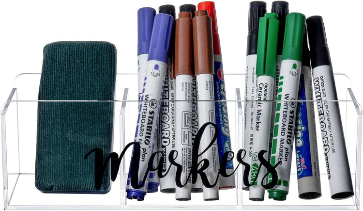 Clear Whiteboard Marker Holder with Black "Markers" Label, Wall Mounted or Tabletop Caddy for Dry Erase Accessories-MyGift