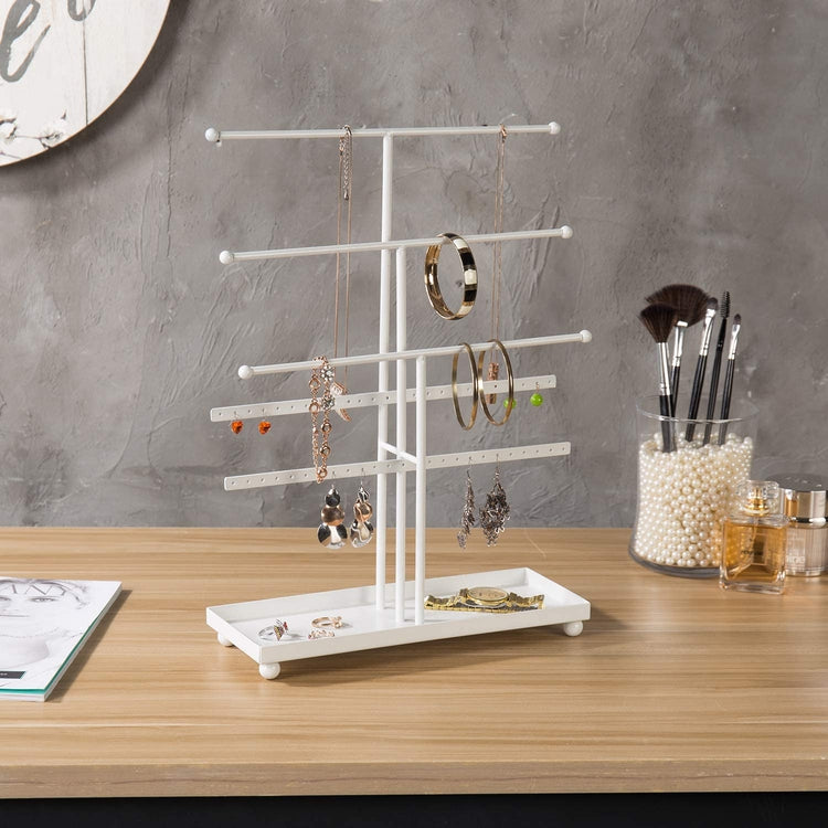 5-Bar White Metal Jewelry Organizer with Ring Tray, Tabletop Necklace & Bracelet Holder Stand-MyGift
