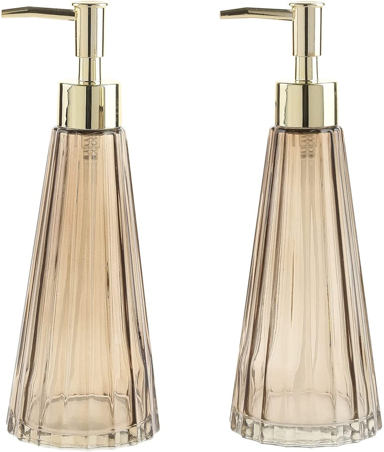 Set of 2, Smoked Glass and Brass Liquid Soap or Lotion Pump Dispenser with Vertical Ribbed Design-MyGift