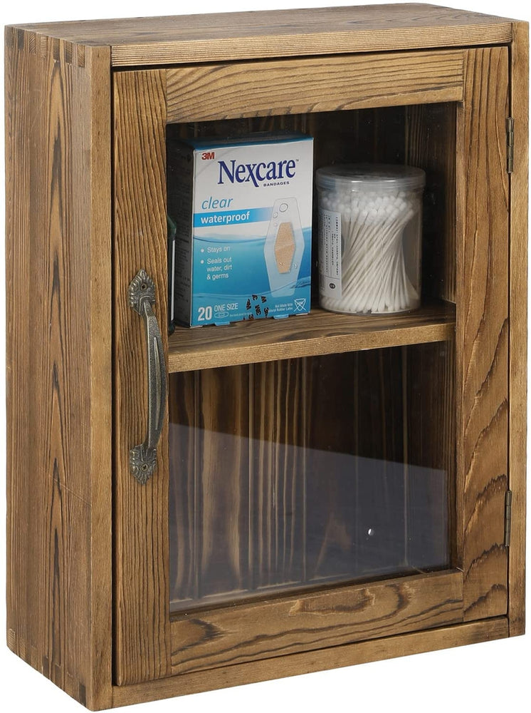 Burnt Wood Curio Cabinet, Wall Mounted Wooden Collectible Display Shelves and Case with Clear Acrylic Panel Door-MyGift
