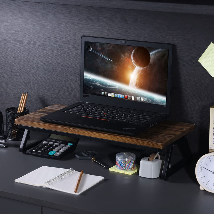 Brown Wood and Black Metal Desk Storage Organizer Display, Desktop Computer Monitor Riser-MyGift