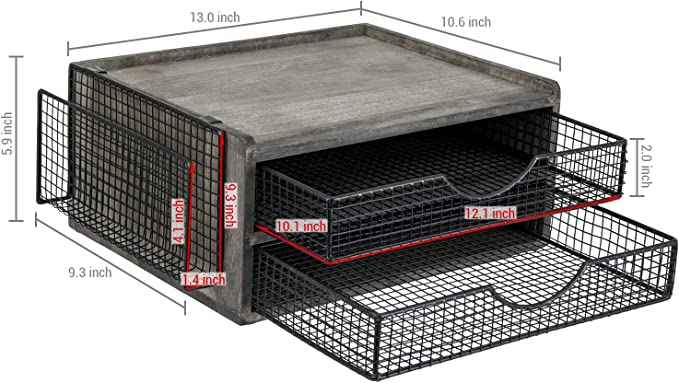 Weathered Gray Wood Desktop File Organizer Paper Tray with Black Metal Mesh Drawers & Side Mail Holder Basket-MyGift