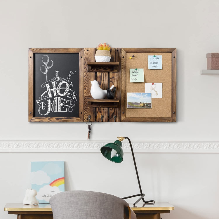 Wall Mounted Entryway Bulletin Board Combo Set with Burnt Wood Frame, Chalkboard, Cork Board, 2 Storage Shelves-MyGift