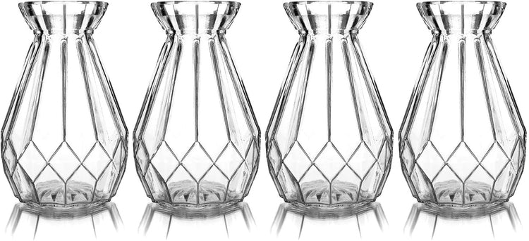 Set of 4 Small Diamond-Faceted Clear Glass Flower Vases-MyGift