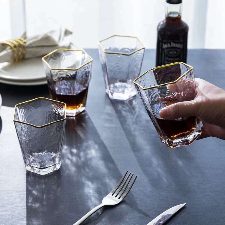 Set of 4, Low-Ball Cocktail Glasses, Ripple Pattern Hexagon Gold Rimmed Old-Fashioned Drinkware Glasses-MyGift