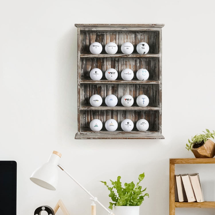 Wall Mounted Torched Wood Golf Ball Collector Display Shelf, 4-Tier Wooden Storage Organizer Rack with 16 Slot Holders-MyGift