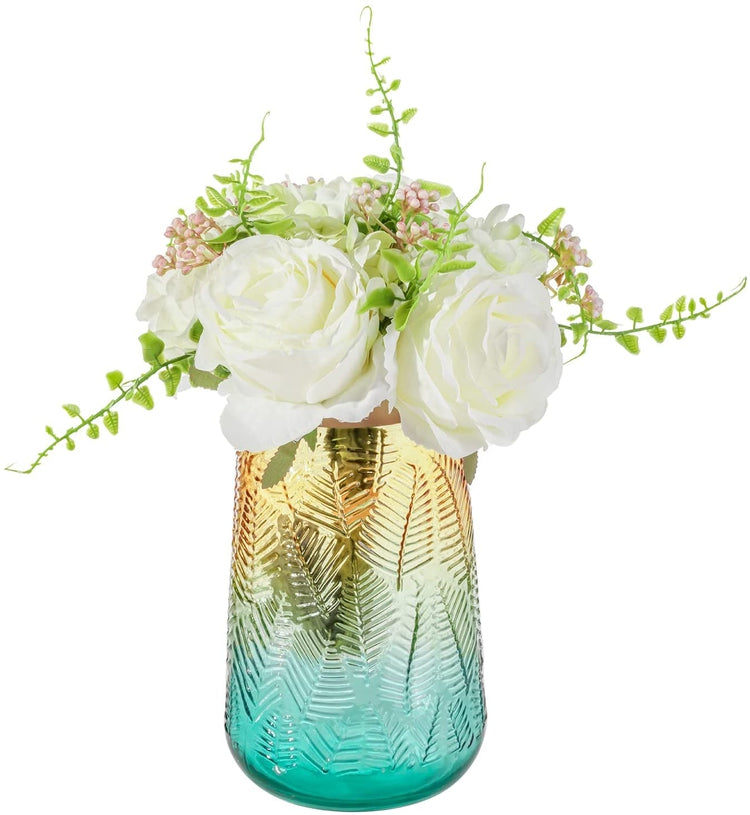 White Faux Roses Artificial Flower Bouquet in Aqua Gradient Glass Vase and Gold Trim with Leaf Embossed Design-MyGift