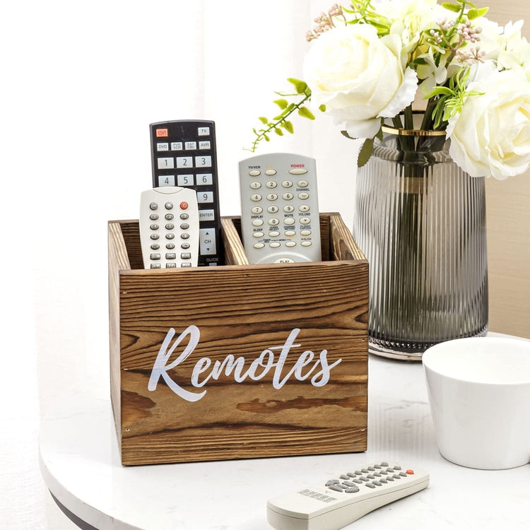 2 Slot Weathered Gray Wood Remote Control Holder Caddy, Media Storage ...