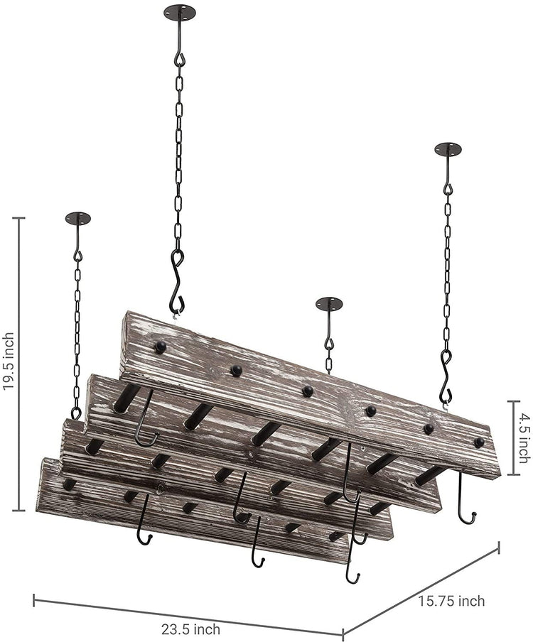 Ceiling Mounted Torched Wood Hanging Pot Rack, Industrial Pipe 8-Hook Pot Rack-MyGift