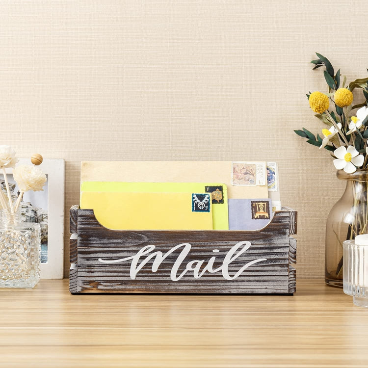 Torched Wood Mail Holder, Office Desktop Crate Organizer with Cursive Writing "Mail" Label-MyGift