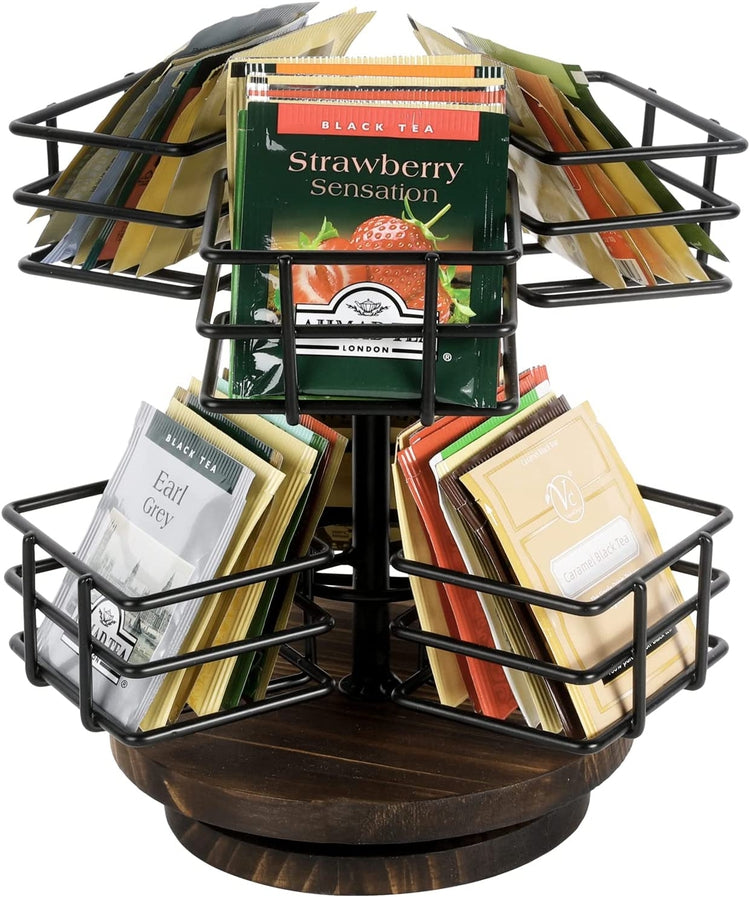 Black Metal Wire Tea Bag Spinning Carousel Basket, 6-Compartment Tea and Coffee Condiment Rack-MyGift