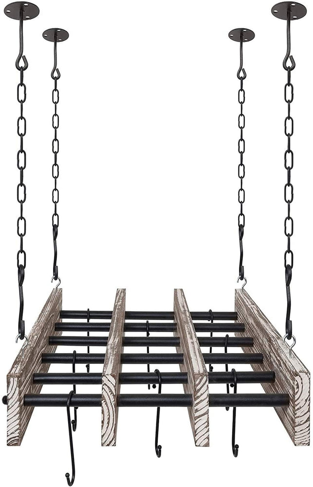 Ceiling Mounted Torched Wood Hanging Pot Rack, Industrial Pipe 8-Hook Pot Rack-MyGift
